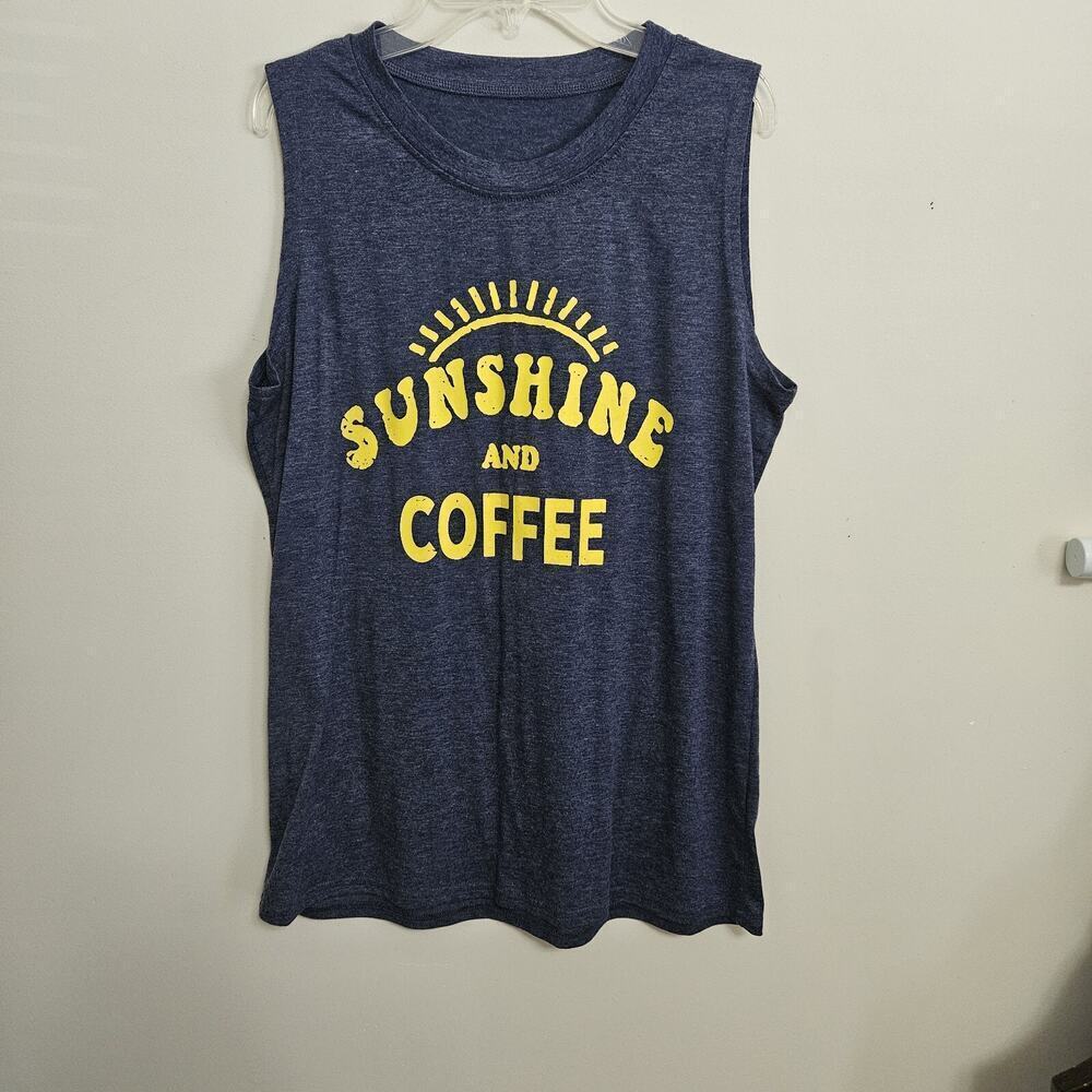 Sunshine And Coffee T-shirt Large Crew Neck Sleeveless Blue & Yellow Graphics